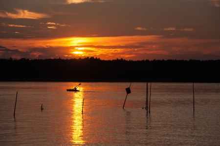 Sunset on Kisajno Lake, Masurian Lake District in Poland の写真素材