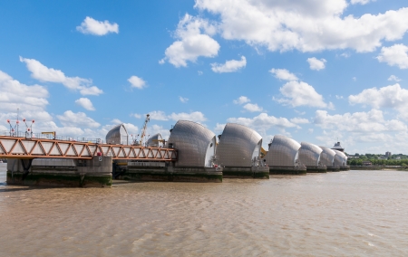 The Thames Barrier -  side view of movable flood barrier in eastern London, United Kingdomの写真素材
