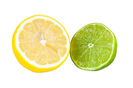 Halves of lemon and lime fruits isolated on white background with clipping pathの写真素材