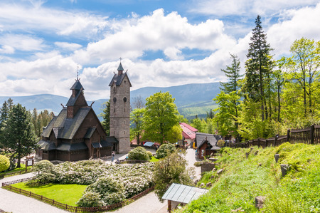 Old, wooden, Norwegian temple Wang in Karpacz, Polandのeditorial素材