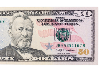 Part of fifty dollars banknote isolated on white background with clipping pathの写真素材