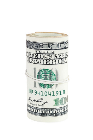 Rolled banknotes of 100 dollars isolated on white background with clipping pathの写真素材