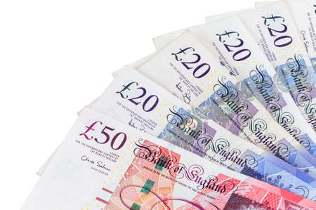 English pounds banknotes isolated on white background with clipping pathの写真素材