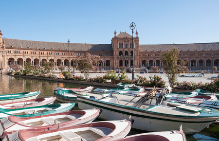 Boats at the Plaza de Espana in Seville in southern Spainの写真素材