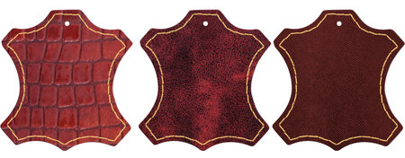 Three red leather signs isolated on white background with clipping path