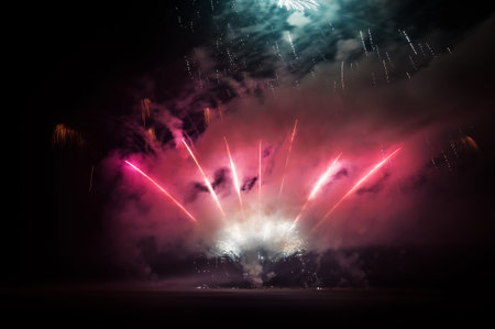 Beautiful red fireworks on the night sky