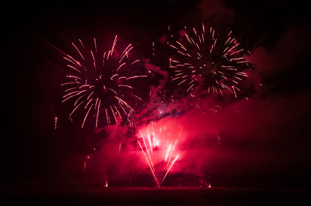 Beautiful red fireworks on the night sky