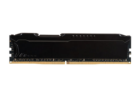 Modern RAM memory module with black radiator  isolated on white background with clipping path