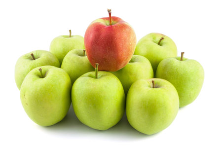 One red apple on green apples isolated on white background with clipping pathの写真素材