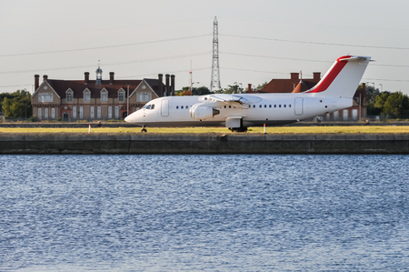 Aircraft on the London City Airport runway ready to take-offのeditorial素材