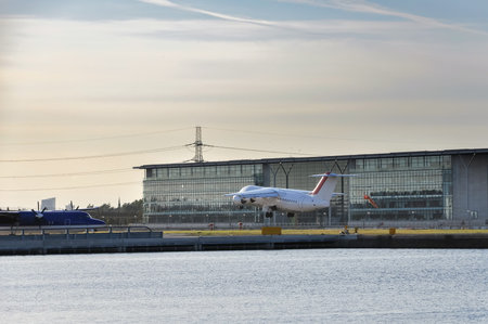 View of an airplane taking off from the London City Airport, UK