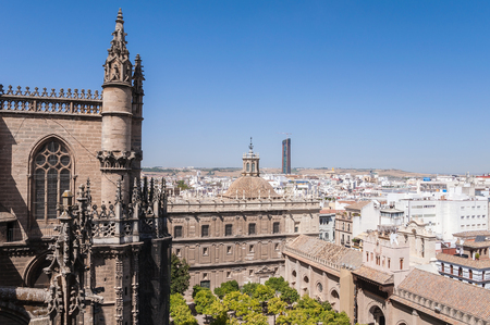 Panoramic view of Seville in Spain with Cathedral of Saint Mary of the Seeの写真素材