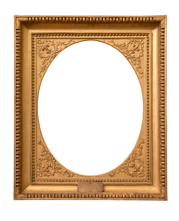 Rectangle decorative golden picture frame isolated on white backgroundの写真素材