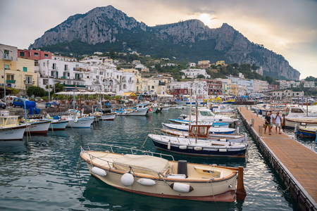 Capri, Italy - August 31, 2016: Boats moored at Marina Grande on famous italian island of Capri.のeditorial素材