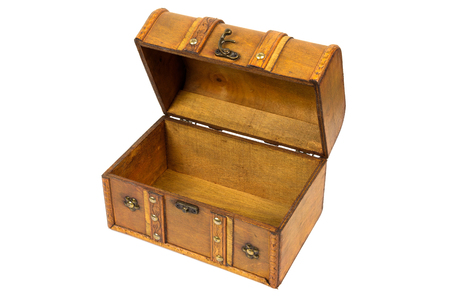 Open old wooden chest isolated on white background with clipping pathの写真素材