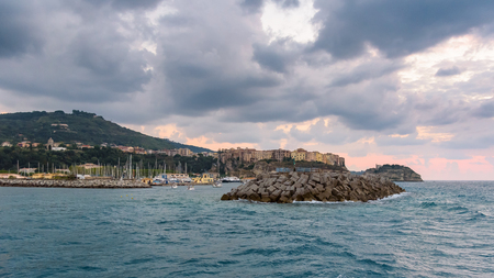 Evening view of port entrance in Tropea town, Calabria, Italyの写真素材