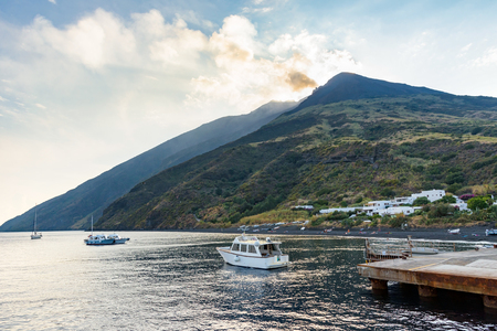 Stromboli volcano seen from the sea, Aeolian Islands, Italyの写真素材