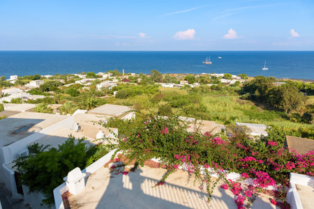 View of white rooftops in Stromboli, Aeolian Islands, Italy