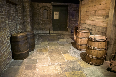 London, UK - April 28, 2018: Recreated 18th centrury Legal Quay, the crowded and chaotic waterfront area in Museum of Docklands in Canary Wharfのeditorial素材