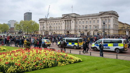 London, UK - April 29, 2018: Crowd watch changing of the guard at Buckingham Palace