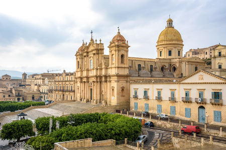 Aerial view of the historic baroque cathedral called Basilica Minore di San Nicoloの写真素材