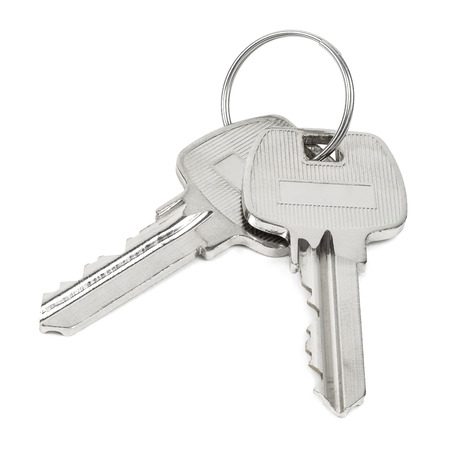 Two keys on key ring isolated on white backgroundの写真素材