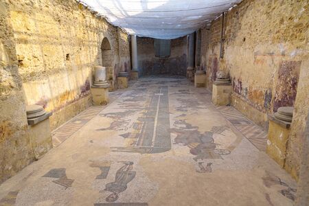 Piazza Armerina, Sicily, Italy - August 24, 2017: Famous mosaic inside the Villa Romana del Calase. UNESCO World Heritage site.のeditorial素材