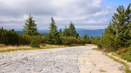 Panoramic view of main mountain trail in Giant Mountains on the border between Poland and Czech Republicの写真素材