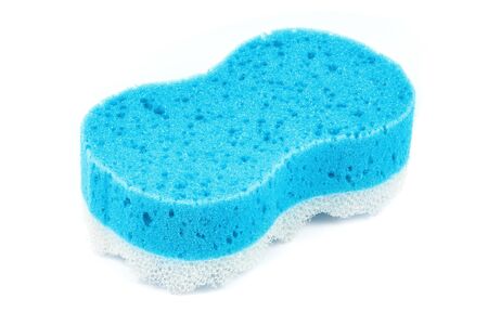 Blue bath massage sponge isolated on white backgroundの写真素材