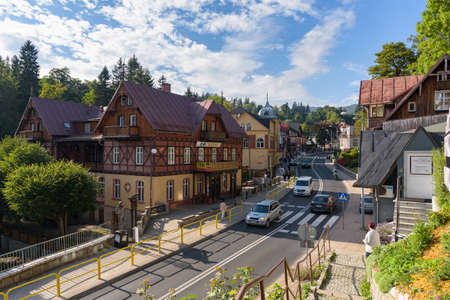 Szklarska Poreba, Poland - September 12, 2019: View of the main street of Szklarska Poreba town, well known tourist resort in Giant Mountainsのeditorial素材