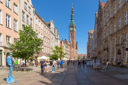 Gdansk, Poland - June 14, 2020: Crowded famous main street of the old town in Gdansk at sunny day