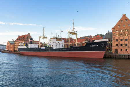 Gdansk, Poland - June 14, 2020: Museum ship SS Soldek moored at the Granary Island in Gdansk...