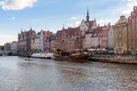 Gdansk, Poland - June 14, 2020: Museum ship SS Soldek moored at the Granary Island in Gdansk...