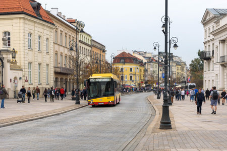 Warsaw, Poland - October 19, 2019: View of crowded Krakowskie Przedmiescie street, one of the best...