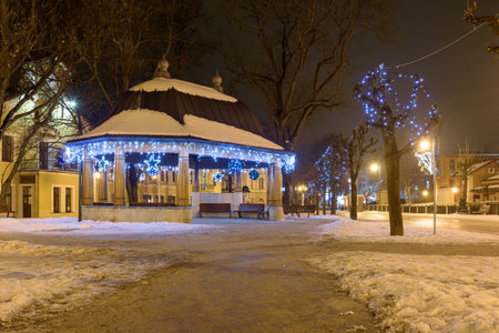 Night view of Dietls Boulevards, famous promenade of Krynica Zdroj in southern Polandの写真素材