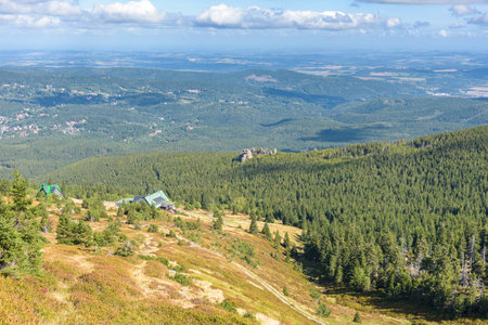 Panoramic view of slope of Labski Szczyt mountain with shelter building in polish Giant mountainsの写真素材