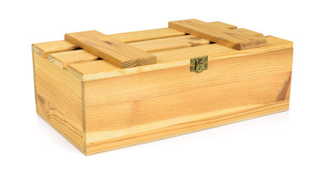 Closed wooden crate isolated on white background