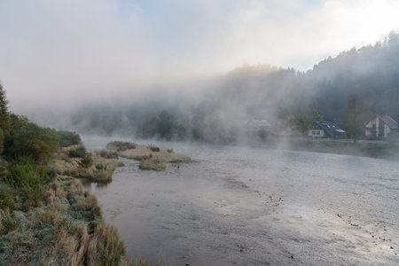 Morning fog over the Dunajec River on the polish-slovak border