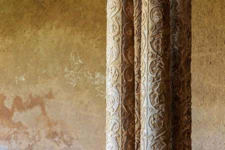 Closeup of decorated columns in the cloister of Monreale Abbey, Palermo, Italyの写真素材