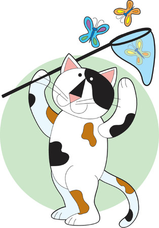 A Calico Cat Catching Butterflies in a Netのイラスト素材
