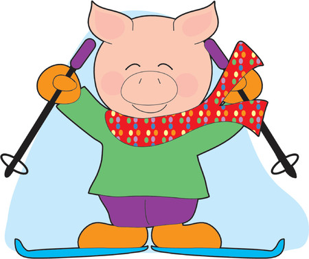 A Pig with Skis and Poles wearing a Scarfのイラスト素材