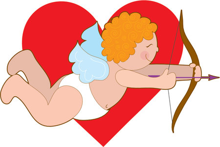 Cupid and his bow and arrow on a heart background