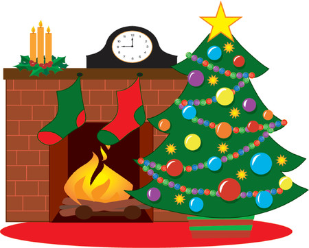Christmas tree by a fireplace decorated with stockingsのイラスト素材