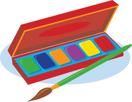 An artist's box of watercolor paints and a brushのイラスト素材