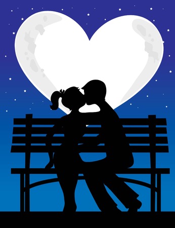 A silhouette of a couple with a heart shaped moon behind themのイラスト素材