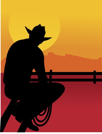 Black silhouette of a cowboy sitting on a fence looking at the sunsetのイラスト素材