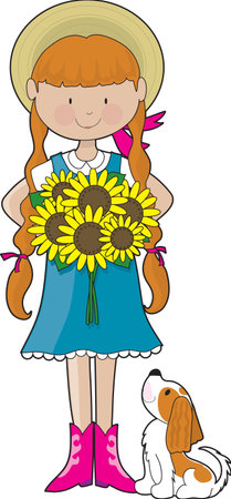 Young girl dressed in country style clothing, holding a bouquet of sunflowers. Her little dog, a Cavalier King Charles Spaniel, is looking up at her のイラスト素材