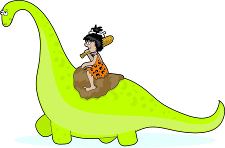 A caveman riding on the back of a green brontosaurusのイラスト素材