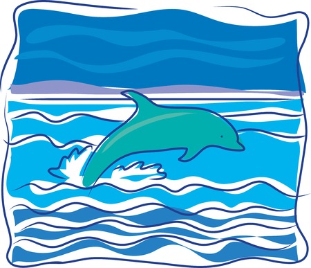 A dolphin jumping out of the waves on an oceanのイラスト素材