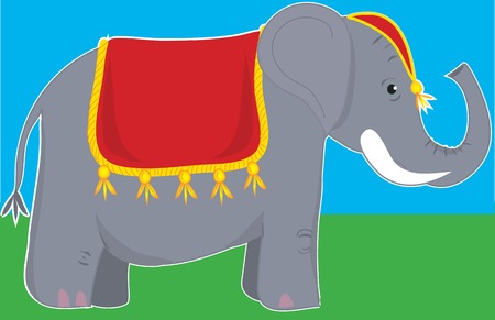 A circus elephant standing still and wearing a fancy blanket and head dressのイラスト素材